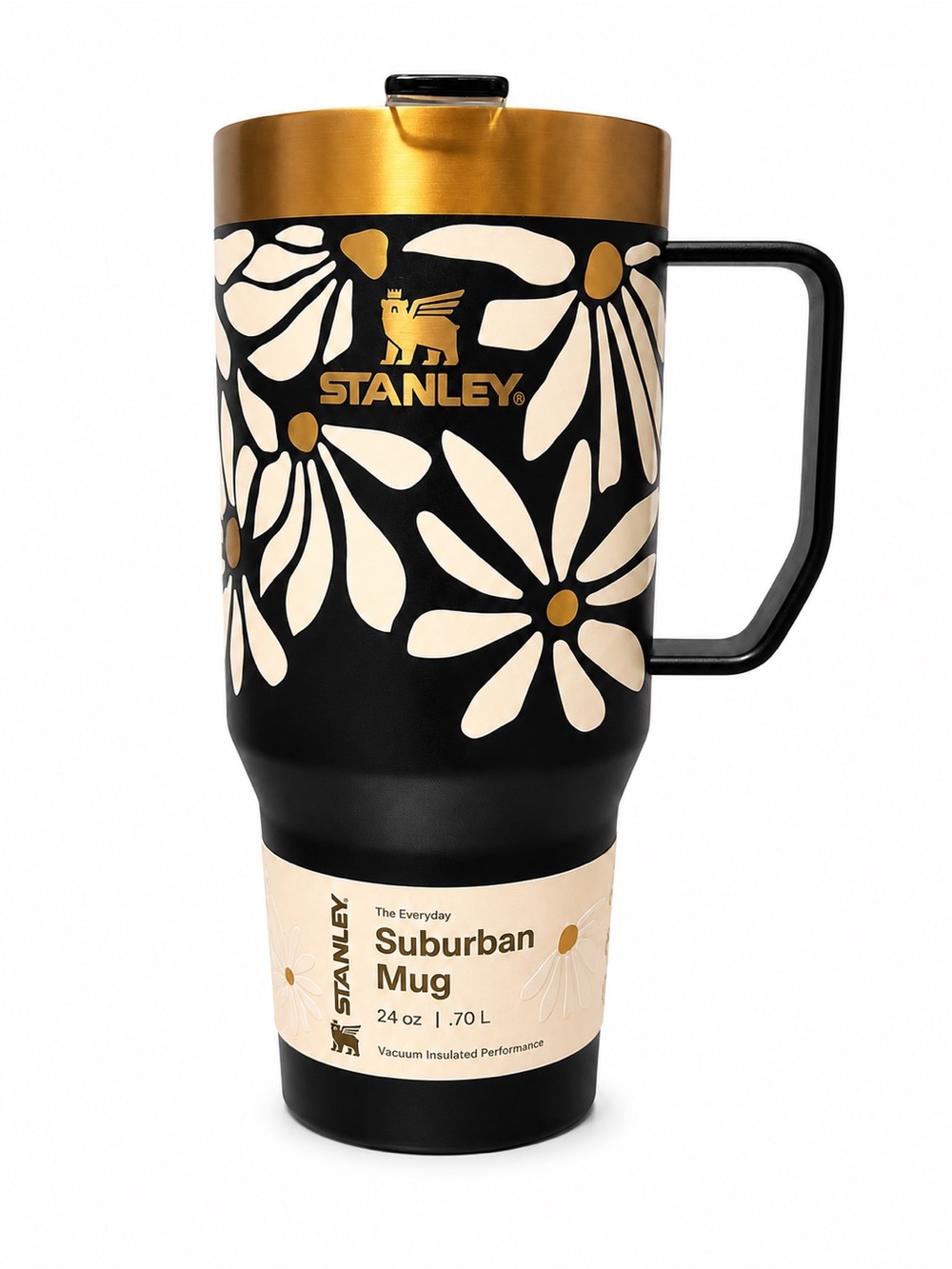 Stanley Black & Cream Floral Travel Mug with Gold Lid